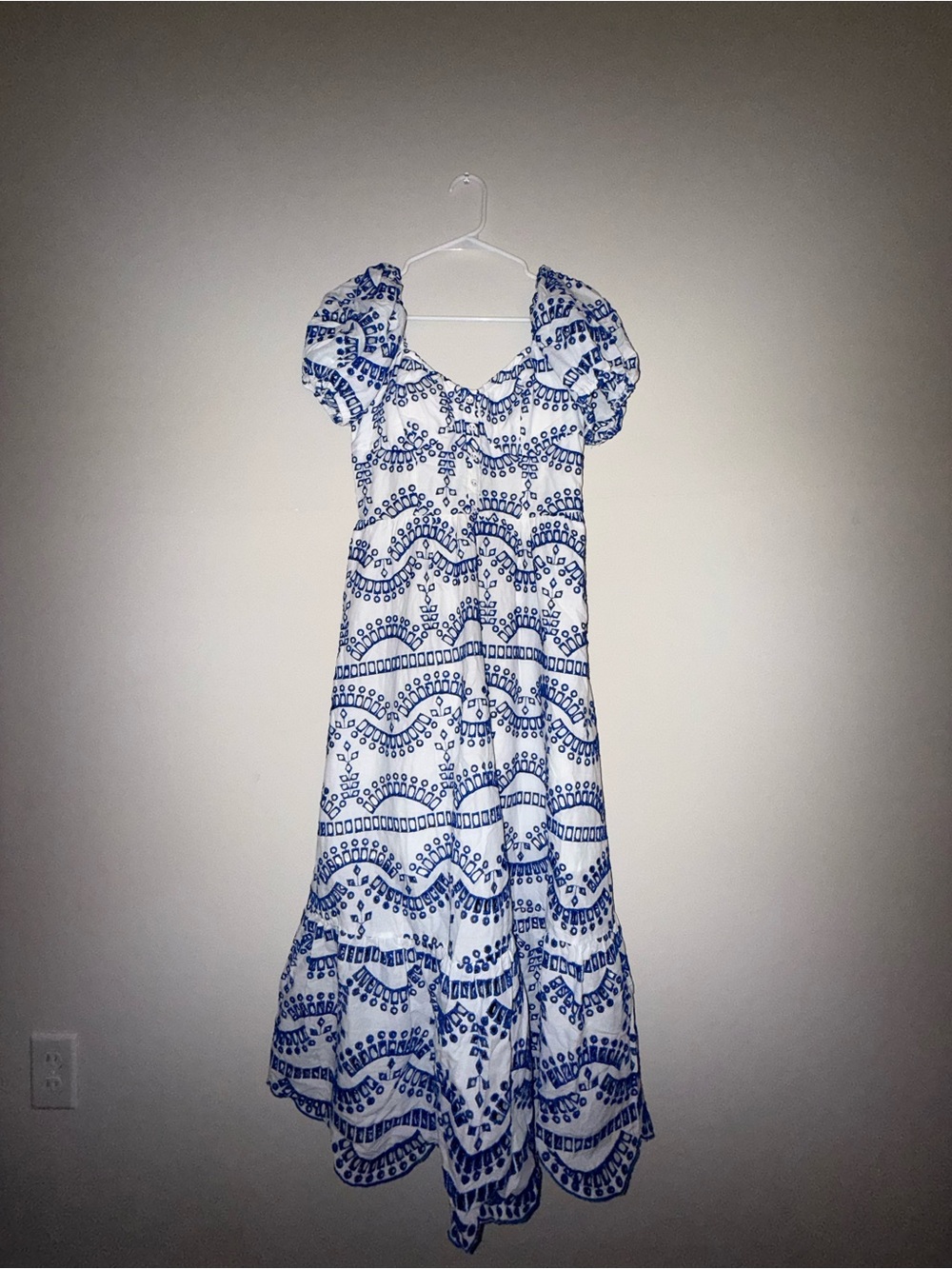 Blue and White Maxi Dress with Puff Sleeves